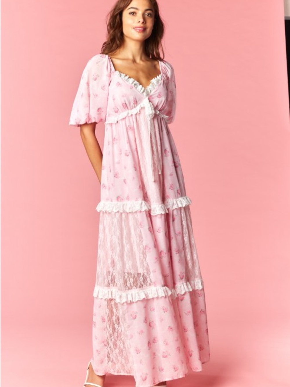 Pink Lace Tiered Maxi Dress with Puff Sleeves - Picture 3 of 14